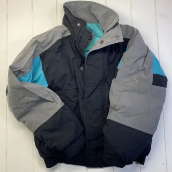 Eddie Bauer Mens Gore Tex Black/Teal/ Grey Goose Down Puffer Ski Jacket S Pocket - Picture 1 of 13